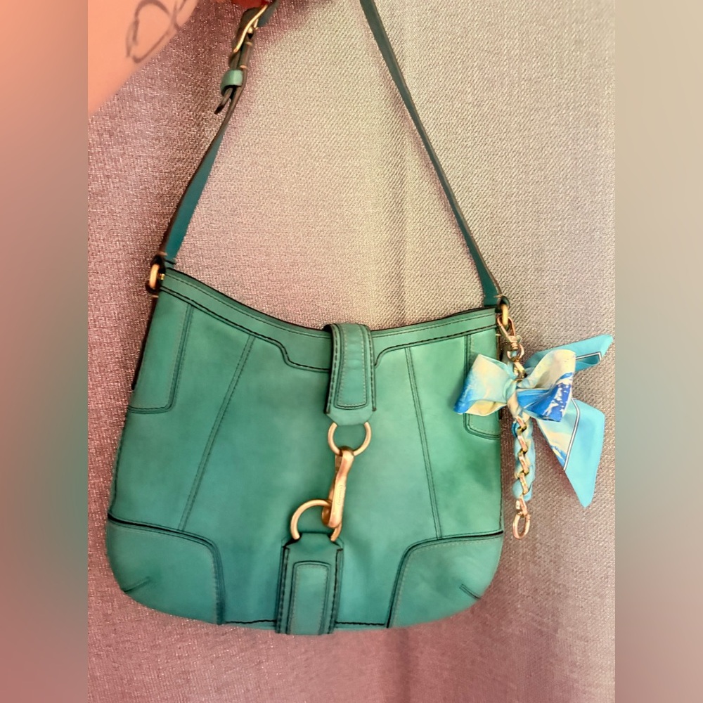 Vintage Teal Blue Leather COACH Hampton Hobo Bag with Gold Brass